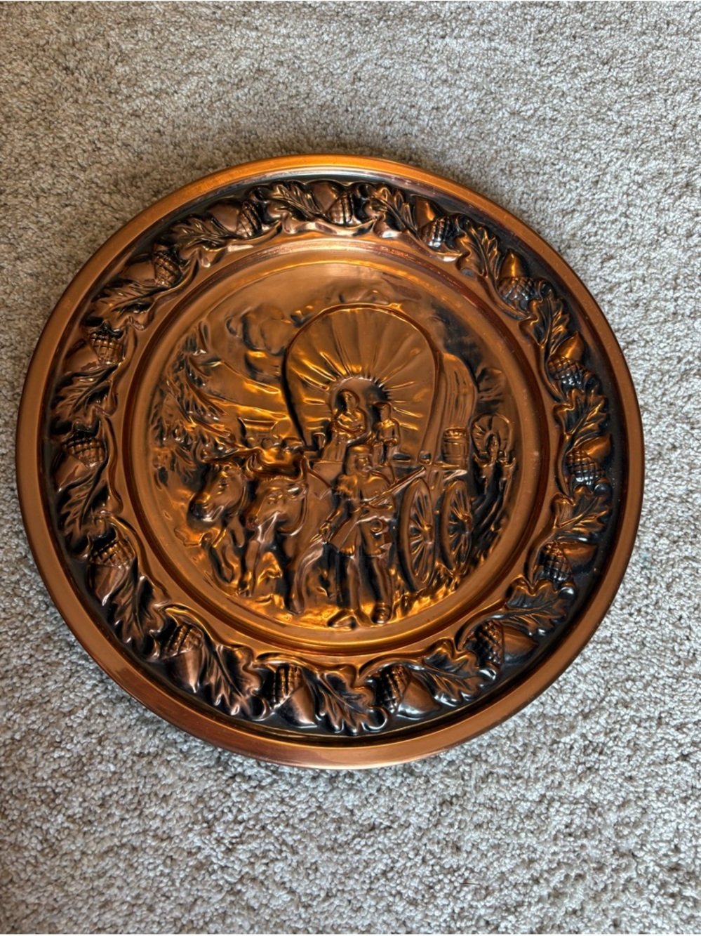 VTG Decorative Copper-Tone Embossed Plate Wall Hanging 13” Covered Wagon Acorns